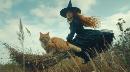 A Halloween witch flying on a broom in sky, with a cat, A fun and magic illustration, Halloween festive, Halloween costume, Halloween visual.