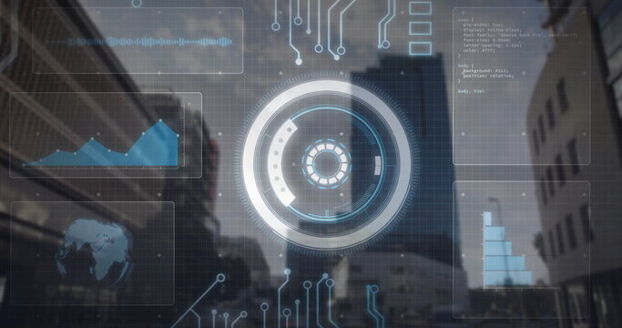 Overlaying holographic HUD on city street, with charts, waveform panel, code snippet and globe icon