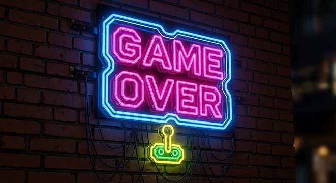 Vibrant Game Over Neon Sign on Brick Wall.