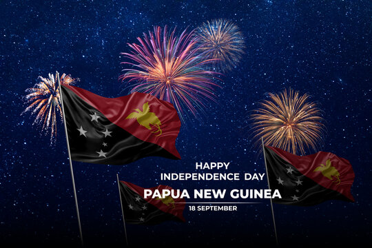 National flags of Papua New Guinea in night sky with stars and fireworks