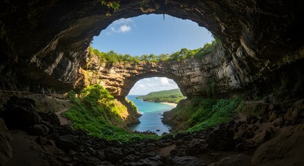 Otherworldly Cave Opening Over Tropical Landscape