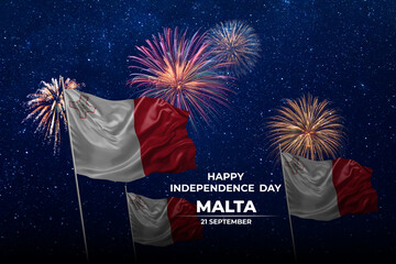 National flags of Malta in night sky with stars and fireworks