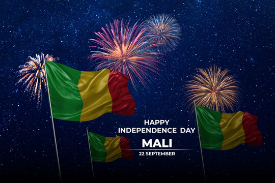 National flags of Mali in night sky with stars and fireworks
