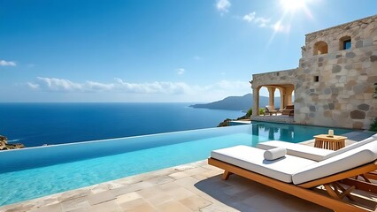 Fototapeta premium Beautiful infinity pool overlooking the turquoise sea with sunbed and stone villa. Perfect summer vacation concept, luxury resort, and travel destination background