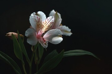 Fototapeta premium A close-up of a delicate white and pink flower with green leaves against a dark background. The petals are softly illuminated, highlighting their texture.
