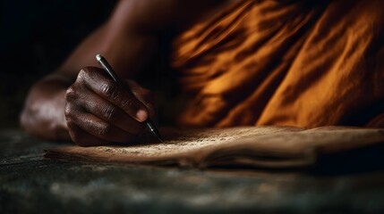 Fototapeta premium Monk writing ancient scripture on palm leaf with brush