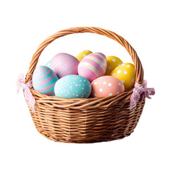 Delightful assortment of vibrantly painted Easter eggs nestled within a rustic woven basket, perfect for festive celebrations and springtime themes