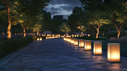 Obraz premium Lined path illuminated by lanterns at dusk, trees frame scene. Buildings in the background
