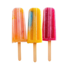 Three colorful popsicles, arranged horizontally, with light orange,  pink-purple, and a blend of light orange and dark blue.  Wooden sticks.  Close-up