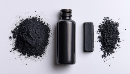 Black cosmetic products, powder and bottle