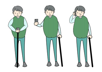 杖と携帯を持ってる老人のカラーイラスト