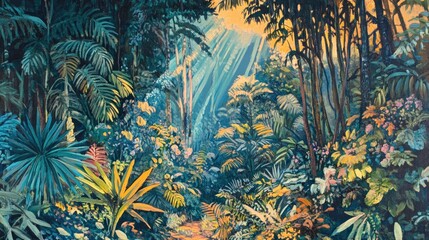 Lush painted scene of a vibrant jungle interior with light filtering through tall trees
