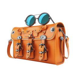 Tan leather satchel with teal aviator glasses