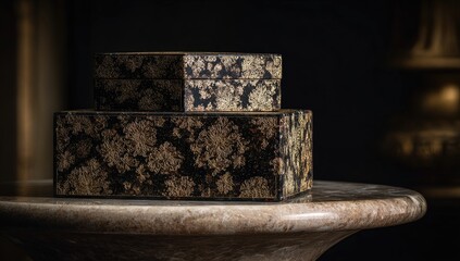 Two ornate, decorative boxes sit atop a light beige table.  Dark background.  Gold/black patterned design