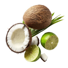 Fresh coconuts and limes, tropical fruit assortment