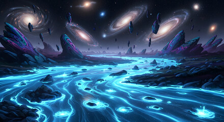 Fototapeta premium Alien Landscape with a Glowing Cosmic River