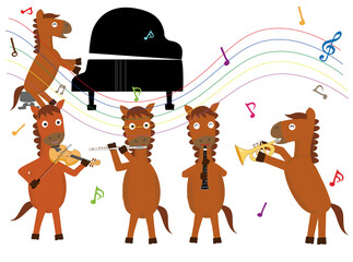 2026年の年賀状のイラスト素材。馬が新年を祝って楽器を演奏している。