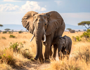 Fototapeta premium African Elephant and Calf: A majestic African elephant strides through the savanna alongside its calf, their presence embodying the wild beauty of nature, evoking a sense of wonder.