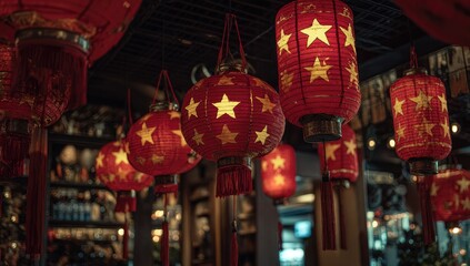 Red lanterns, star patterns, hanging decorations, Chinese-style, warm ambiance