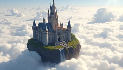 A grand castle floating on an island above the clouds The castle