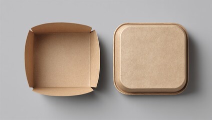 Two square, light beige cardboard food containers, one open, one closed, atop a neutral background
