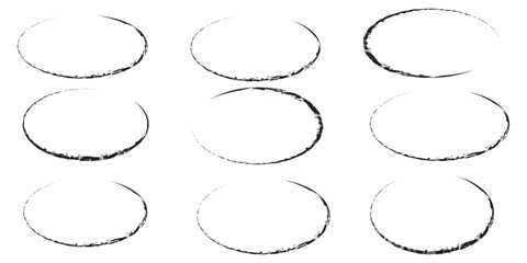 Fototapeta premium Hand drawn Black crayon ovals and circles set. Ellipses in Black pencil doodle style. Round freehand shapes, emphasis highlights. Rough crayon circles. Variety best design Black crayon ovals. EPS 10