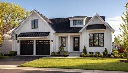 A charming, modern farmhouse style home with white siding, black roofing, and dark trim