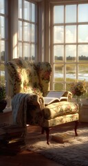 Sun-drenched armchair by large window overlooking tranquil marsh
