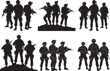 Military Troops Silhouette Collection – Army Team and Weapons Vector