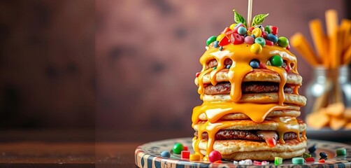 Whimsical burger & pancake stack with vibrant, colorful toppings & playful dripping glaze,  digital,  tasty