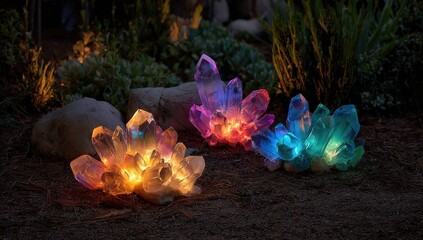 Illuminated crystal clusters in a garden at night.  Colorful, glowing crystals, various shades, illuminating a dark outdoor setting.  Rocks and foliage in the background