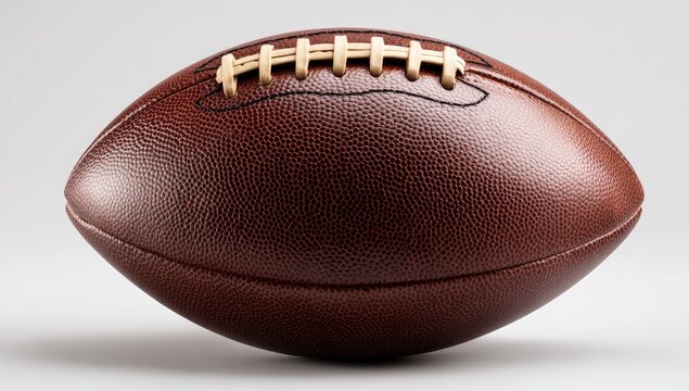 Close-up of a brown American football.  Leather-stitched ball, oval shape, against a plain background