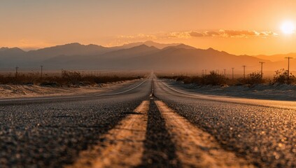 Fototapeta premium Empty highway stretching into a golden sunset over a desert mountain range