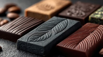 Assortment of artisanal chocolate bars on dark stone