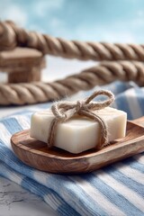 A bar of white soap tied with twine rests on a wooden scoop,  against a backdrop of nautical rope and a striped cloth