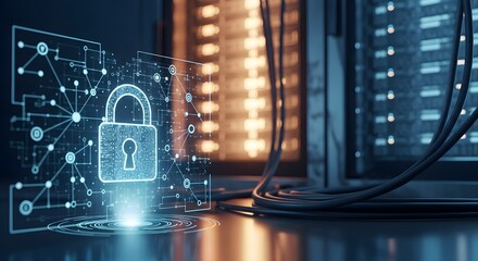 Digital padlock hovers over server room floor, representing cybersecurity and data protection with network connections.