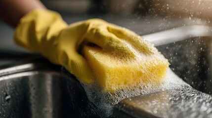 Gloved hand scrubbing a sink with a sponge in the kitchen
