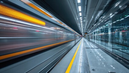 Modern subway train speeding through tunnel