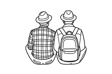 Two friends in hats sitting together with a backpack