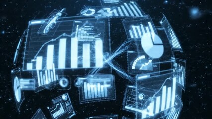 Futuristic digital globe displaying holographic interface with financial data charts and business analytics - Powered by Adobe
