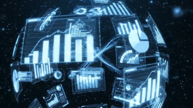 Futuristic digital globe displaying holographic interface with financial data charts and business analytics - Powered by Adobe