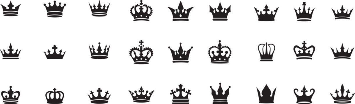 Royal Crown Icon Set &ndash; Black and White Vector Collection