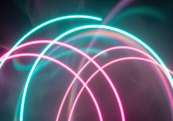 Obraz premium Intertwining neon light curves in pink and teal against a dark, smoky background