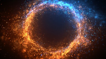 A vibrant, circular design of glowing particles in orange and blue, creating a dynamic visual effect against a dark background.