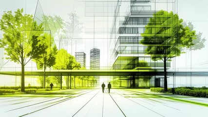 Modern cityscape green architecture urban park sustainable design with glass building eco friendly futuristic sunlight trees walkway and people - Powered by Adobe