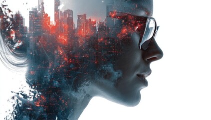 Woman's profile merging with city skyline, wearing sunglasses