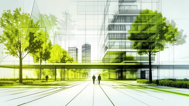 Modern cityscape green architecture urban park sustainable design with glass building eco friendly futuristic sunlight trees walkway and people