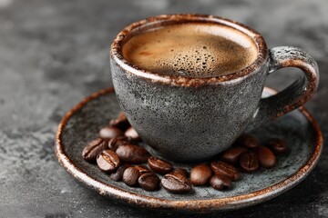 Espresso in a textured mug, coffee beans