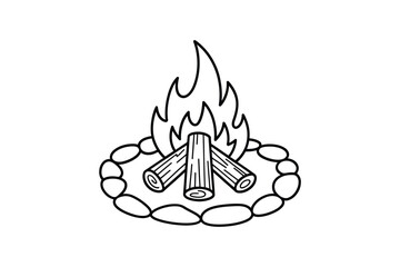 Simple line drawing of a campfire with logs and rocks