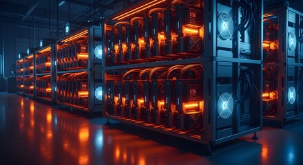Rows of cryptocurrency mining servers glow with orange and blue lights in a dark, reflective data center.